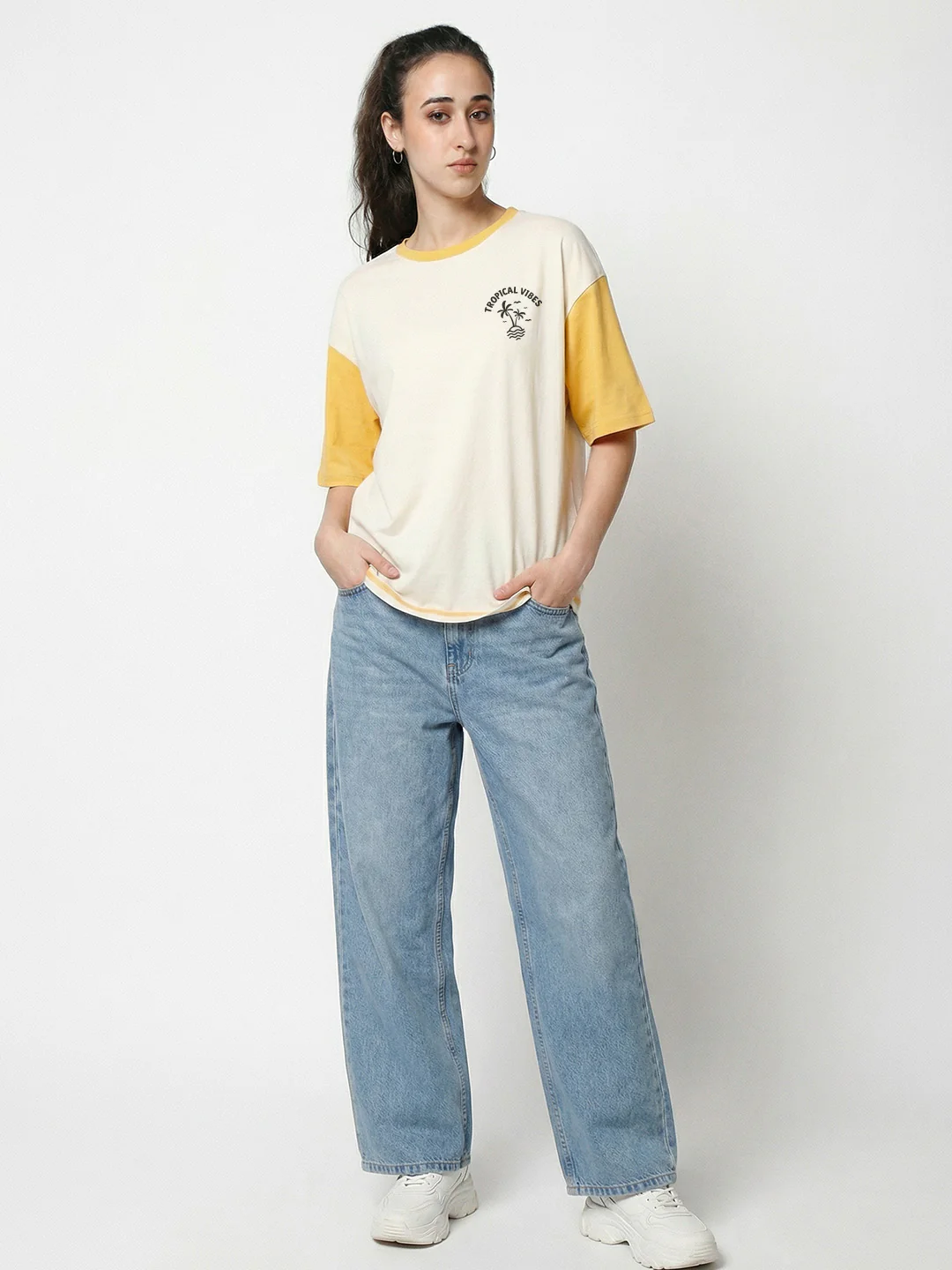Tropical Vibes Women's Oversized T-Shirt - Off White/Golden Yellow - Image 3