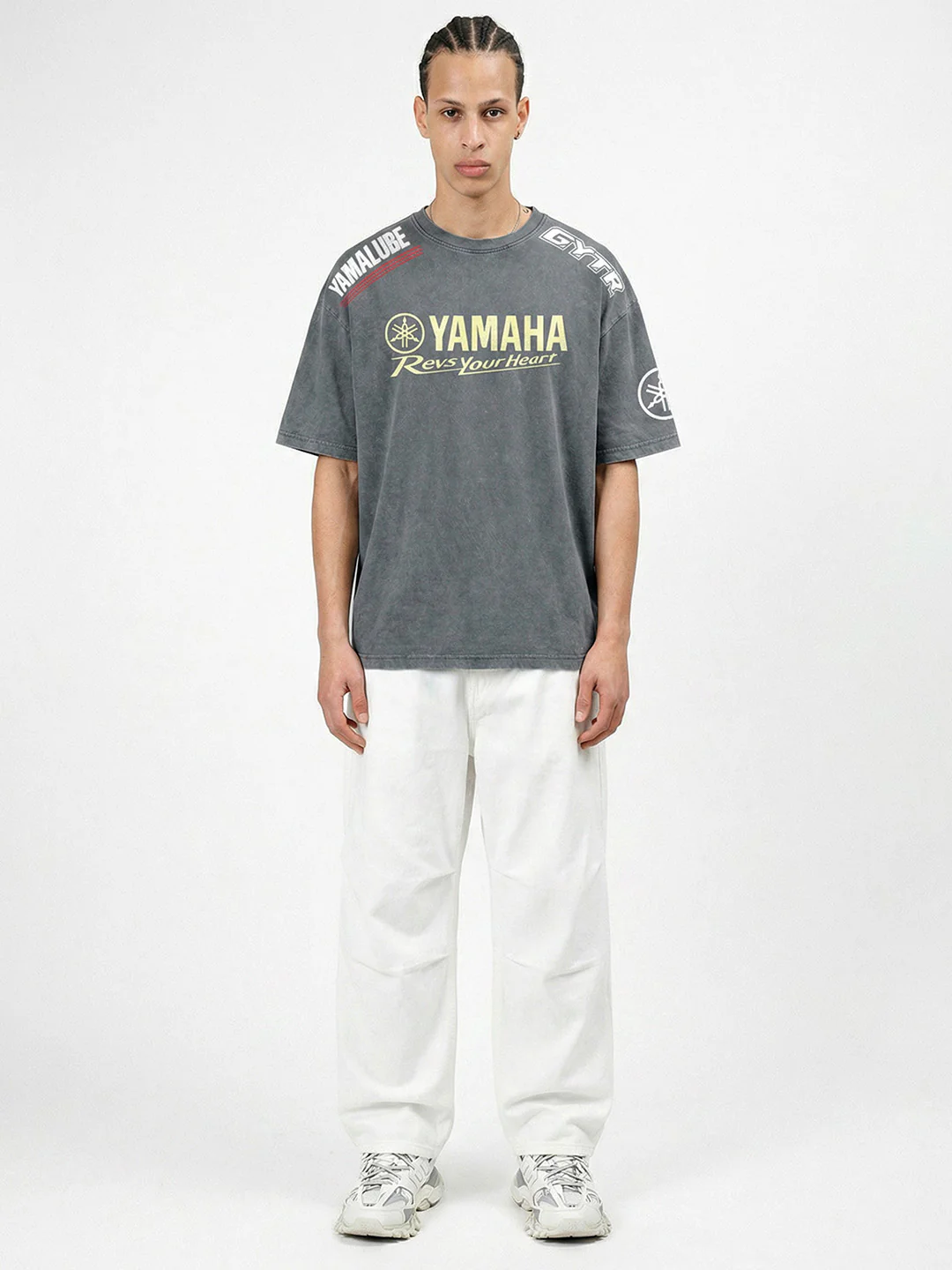 Yamaha Printed Acid Wash Oversized T-Shirt - Steel Grey - Image 3