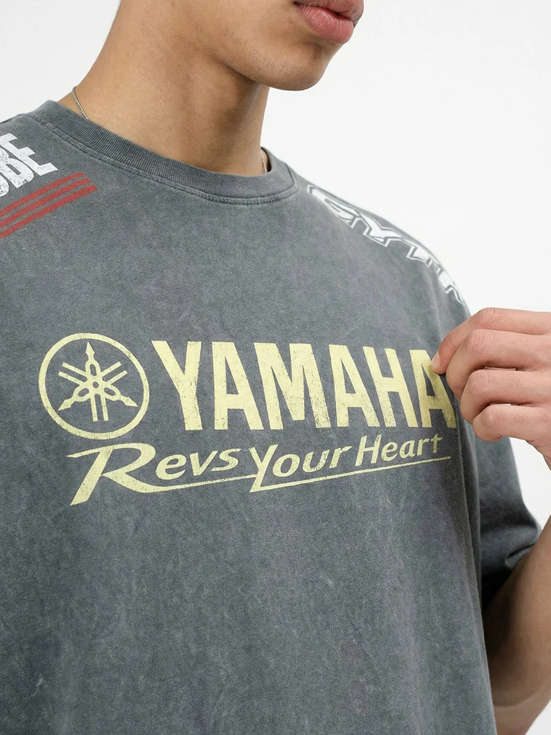 Yamaha Printed Acid Wash Oversized T-Shirt - Steel Grey - Image 4