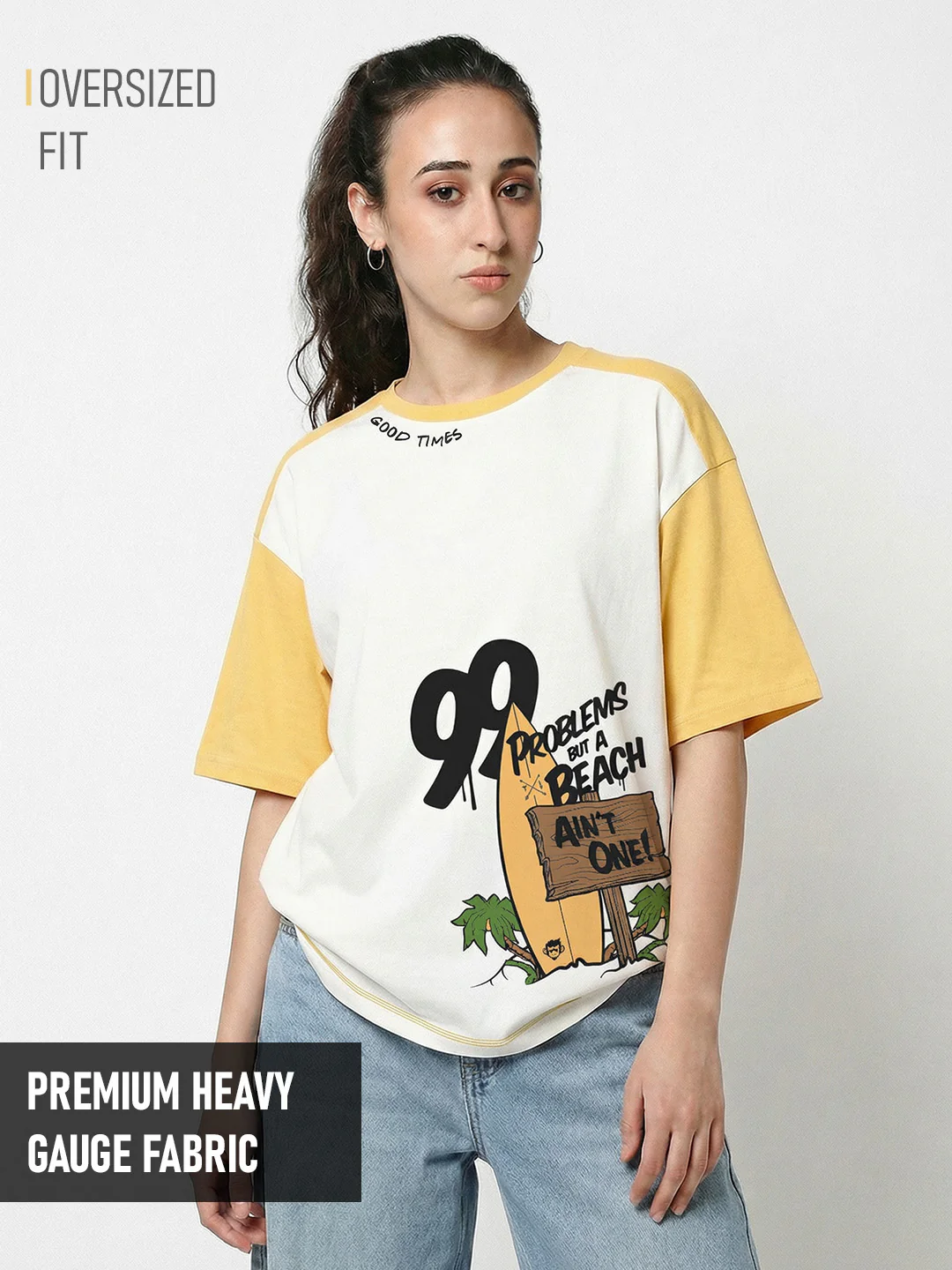 Good Times  Women Oversized T-Shirt - Off White & Yellow