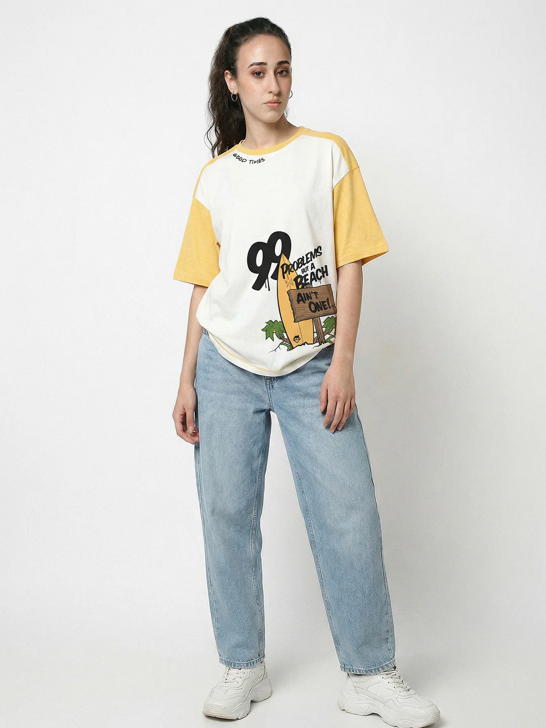 Good Times  Women Oversized T-Shirt - Off White & Yellow - Image 3