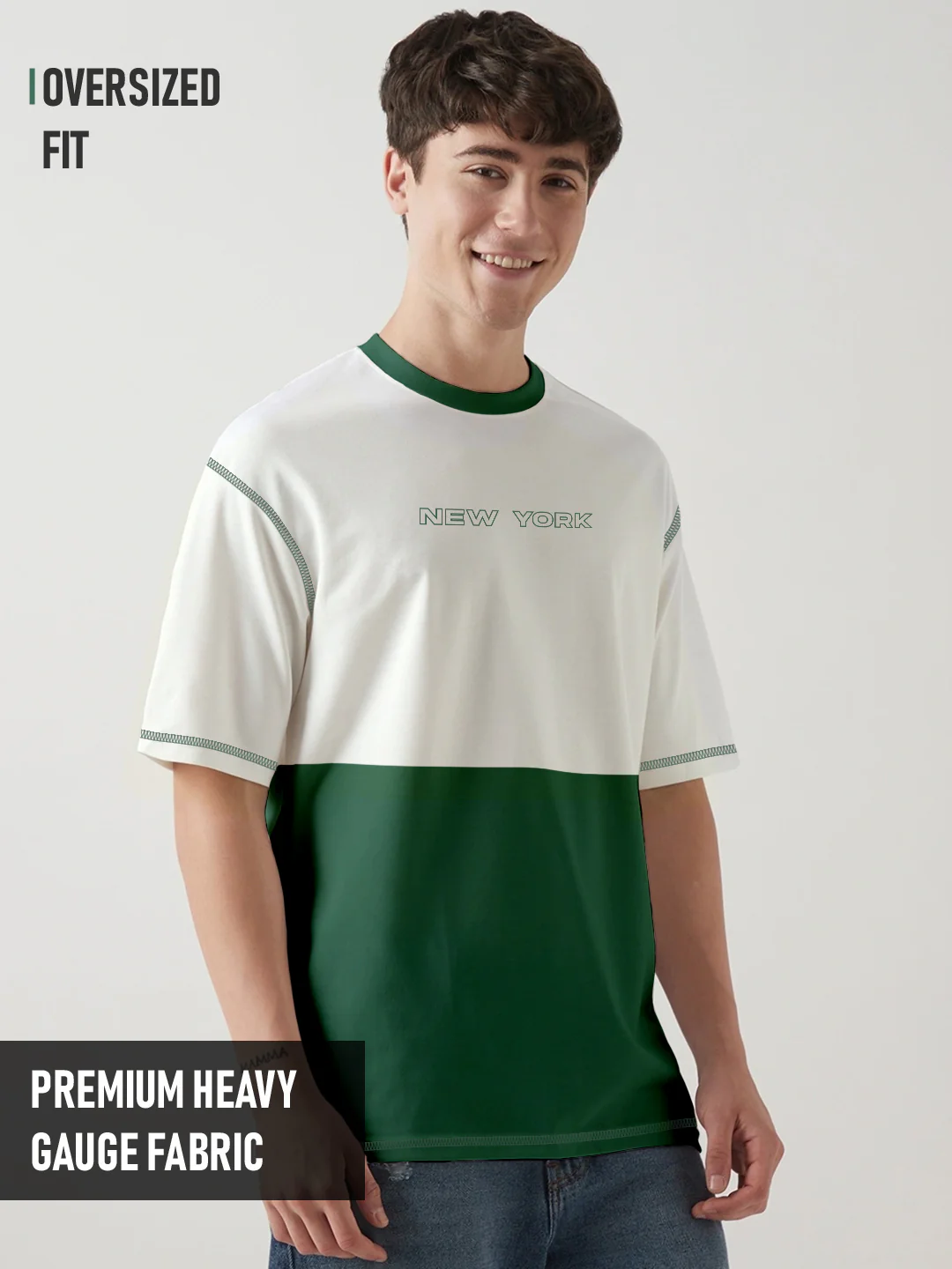 Newyork Oversized T-Shirt - Off White & Bottle Green