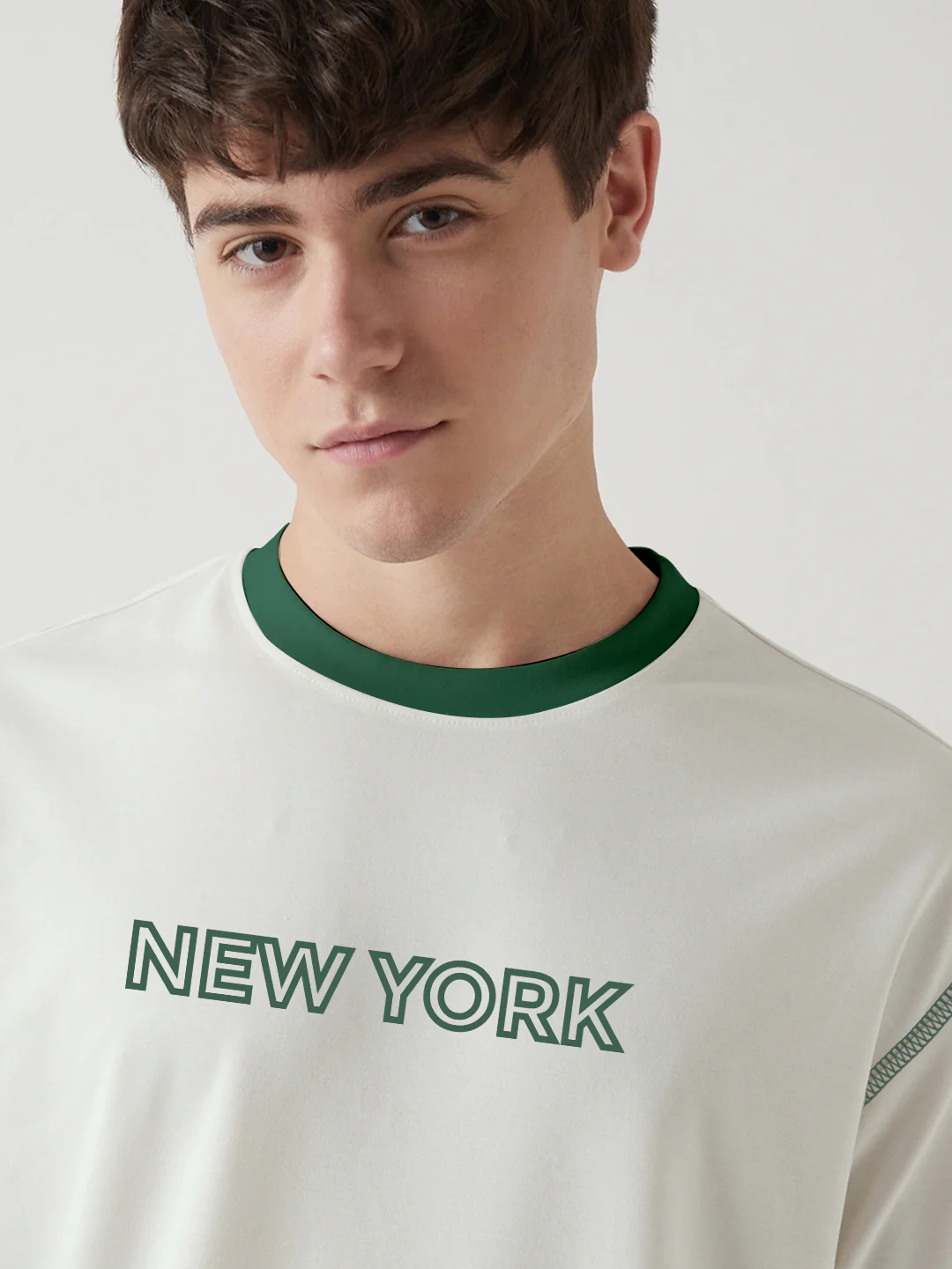 Newyork Oversized T-Shirt - Off White & Bottle Green - Image 4
