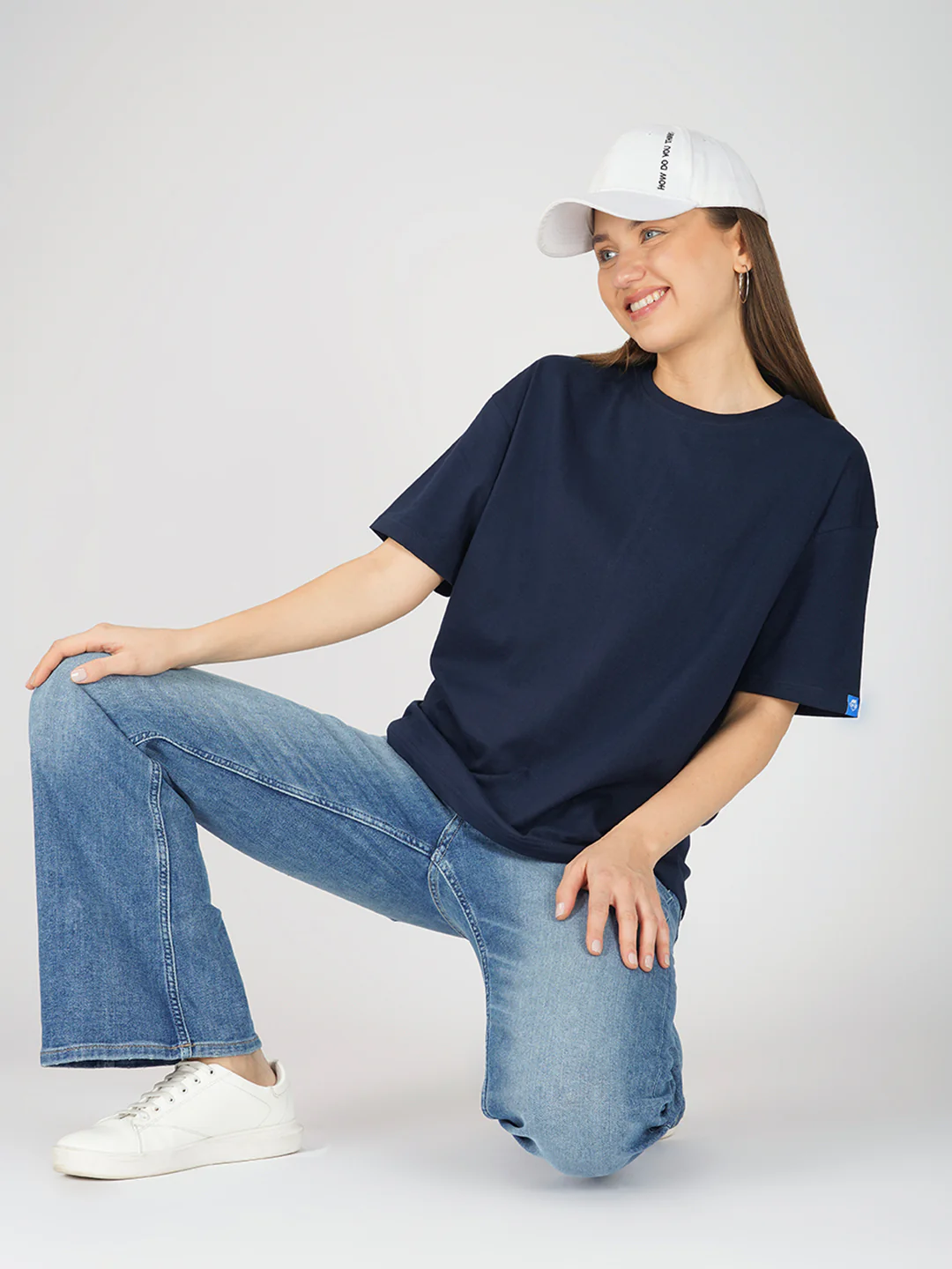 Plain Navy Blue Women Oversized T-Shirt - Image 4