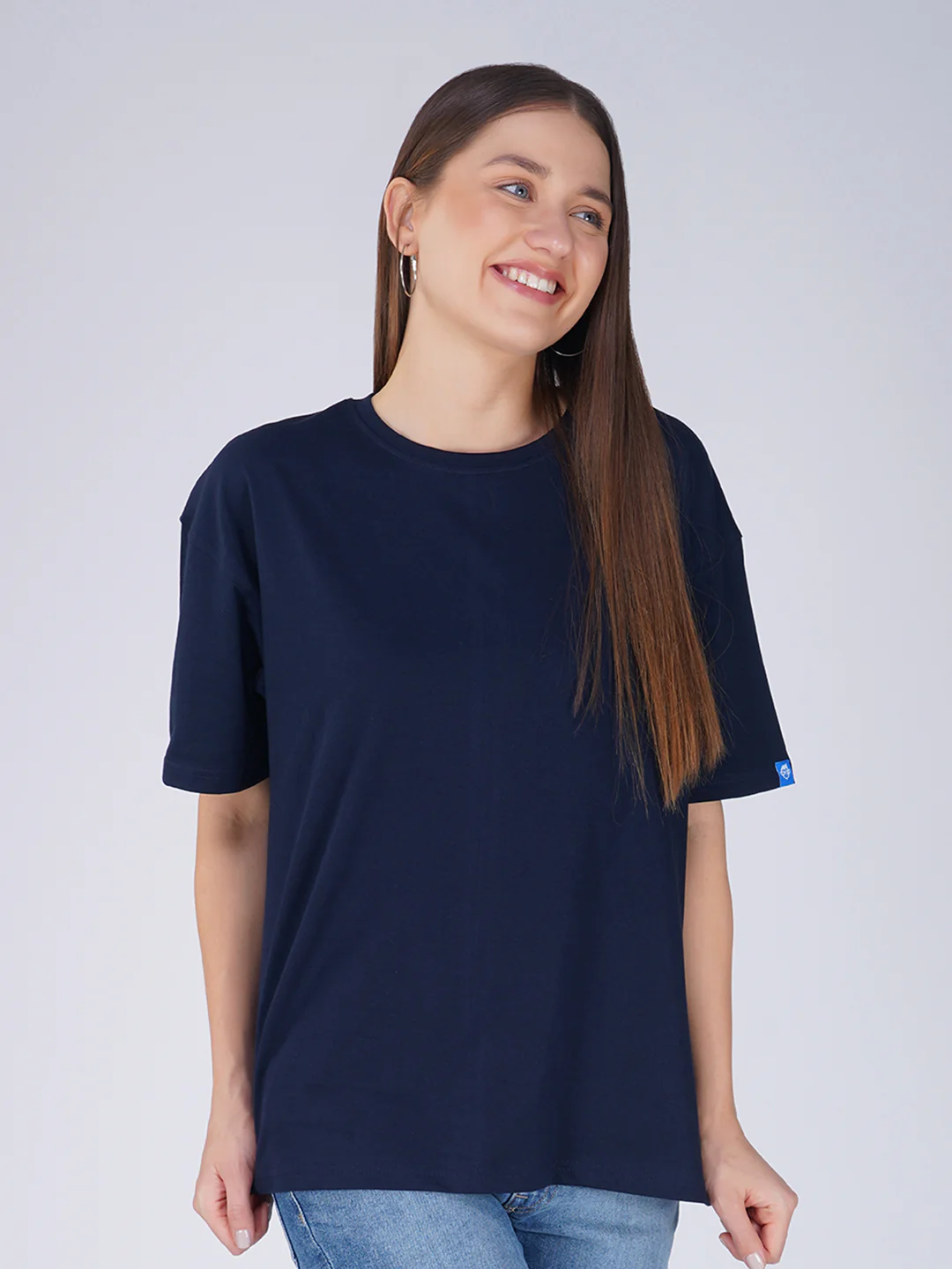 Plain Navy Blue Women Oversized T-Shirt - Image 5